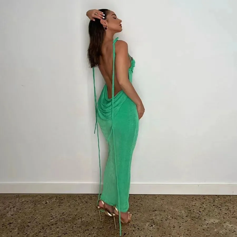 2023 New Sexy Solid Backless Maxi Dress Women Elegant Spaghetti Strap Slim Dress Female Summer Holiday Beach Party Dresses