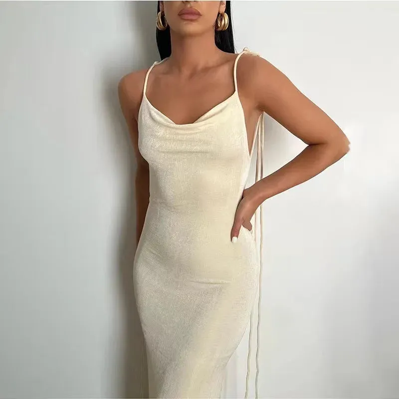 2023 New Sexy Solid Backless Maxi Dress Women Elegant Spaghetti Strap Slim Dress Female Summer Holiday Beach Party Dresses