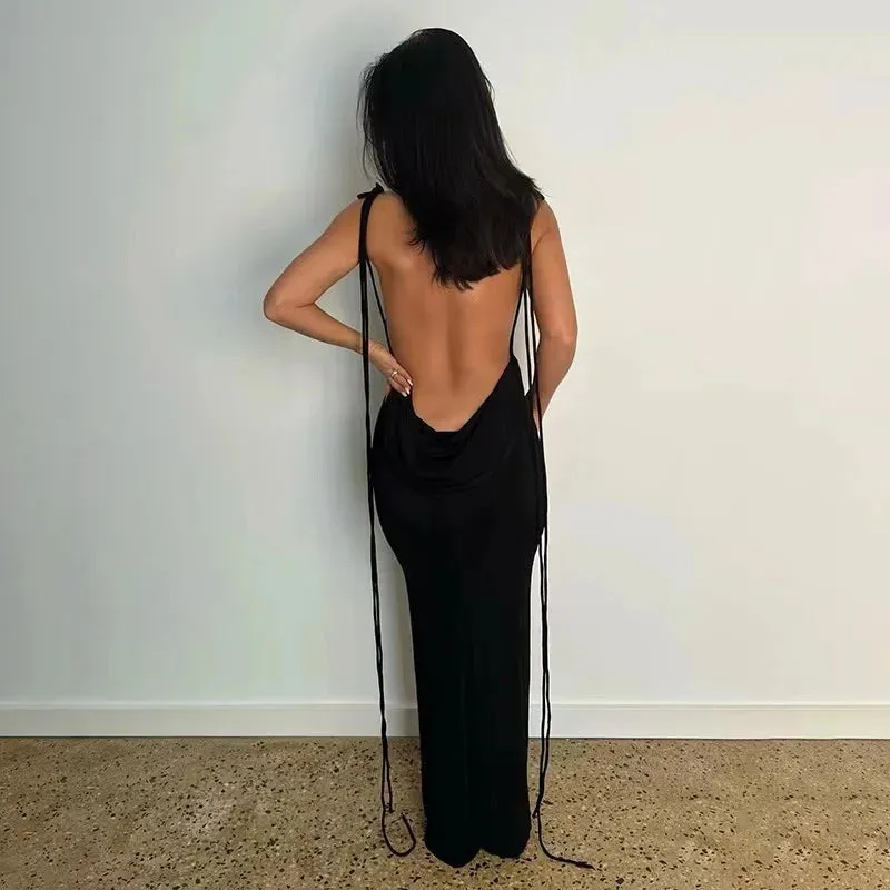 2023 New Sexy Solid Backless Maxi Dress Women Elegant Spaghetti Strap Slim Dress Female Summer Holiday Beach Party Dresses