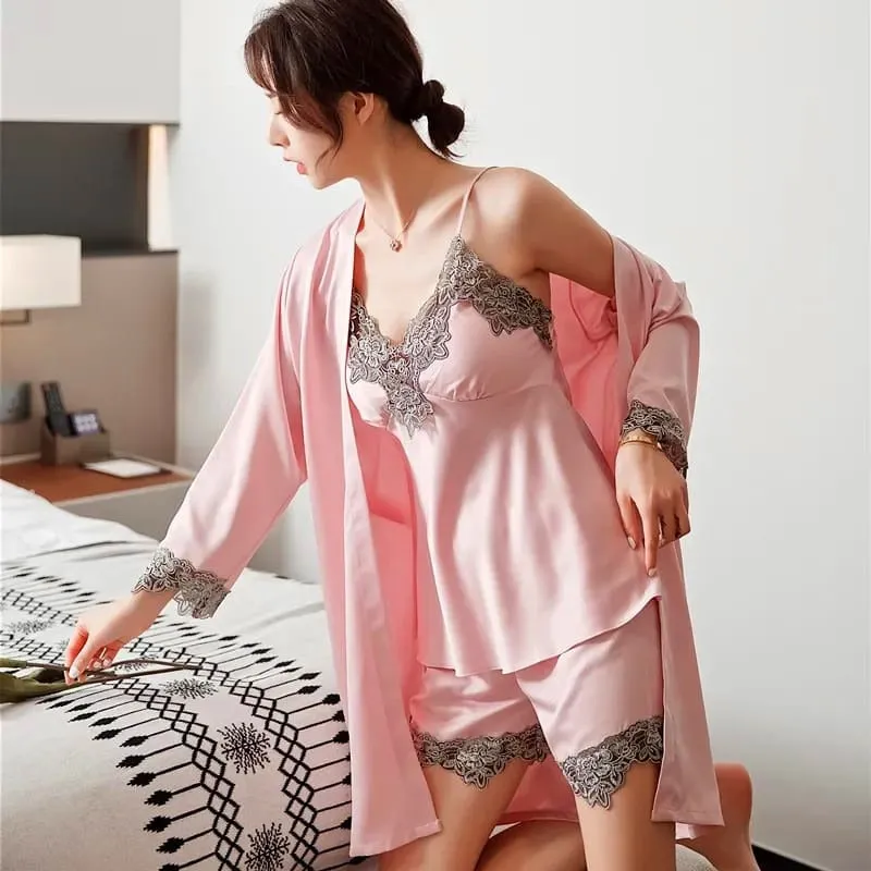 5PCS/SET Silk Robe Sleep Suit Womens Lace Satin Pajamas Gown Set V-Neck Nighties Wear Pijama Home Nightwear Spring Nightdress S4898598