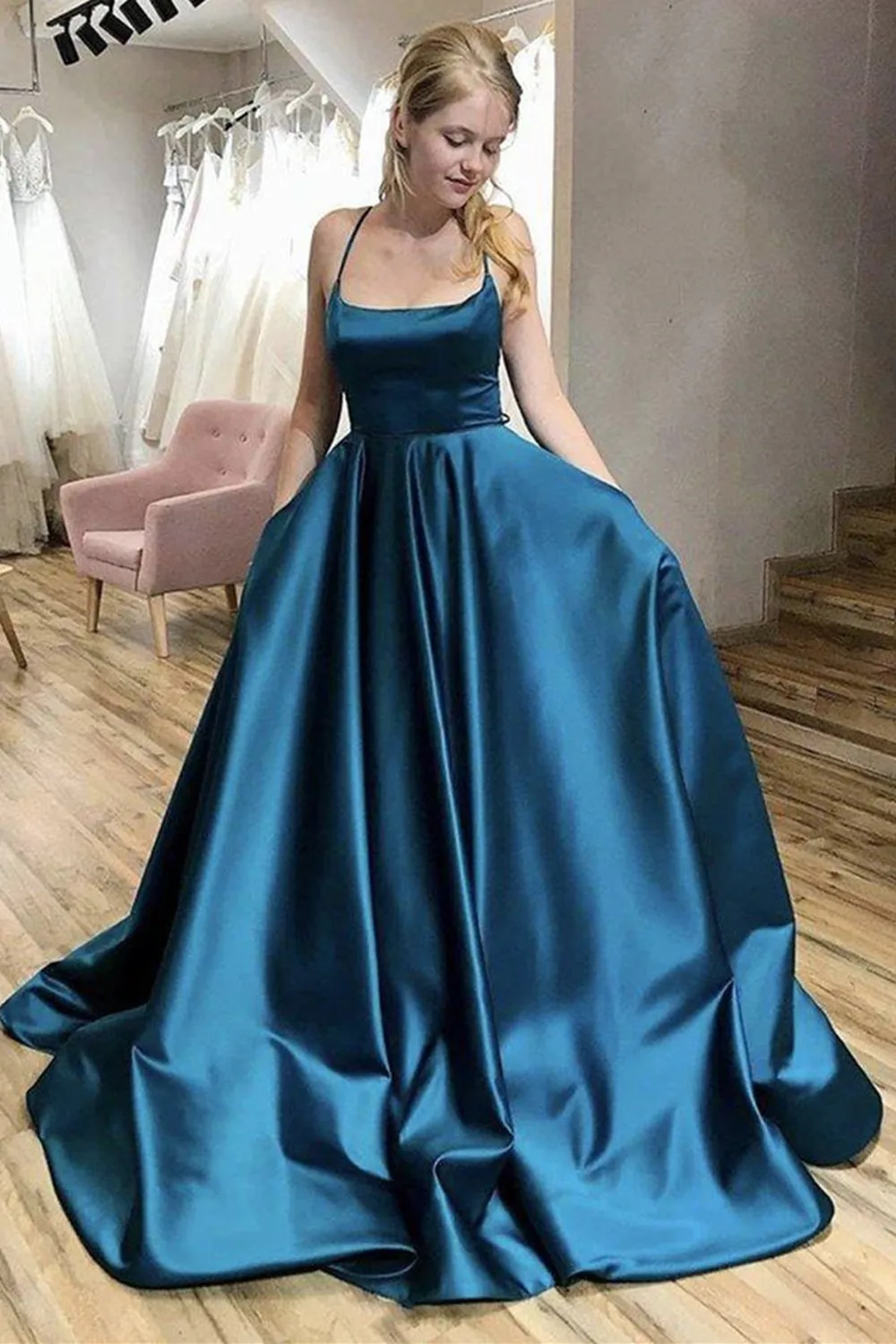 A Line Thin Straps Open Back Blue Long Prom Dress, Backless Blue Formal Evening Dress