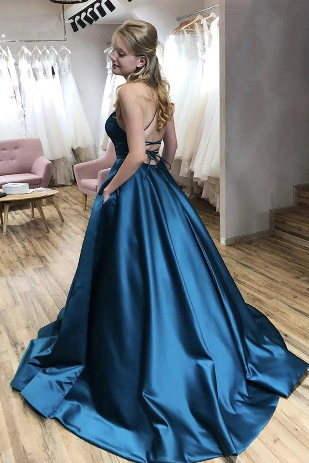 A Line Thin Straps Open Back Blue Long Prom Dress, Backless Blue Formal Evening Dress