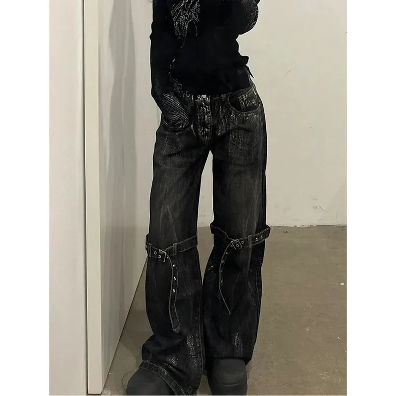 Aiertu Black Women's Jeans High Waist Hip Hop Straight Fashion Pants Streetwear Harajuku Y2K Star 2024 Female Wide Leg Denim Trouser