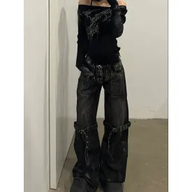 Aiertu Black Women's Jeans High Waist Hip Hop Straight Fashion Pants Streetwear Harajuku Y2K Star 2024 Female Wide Leg Denim Trouser