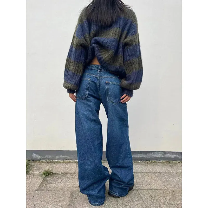 Aiertu Blue Women Jeans High Waist Fashion American Vintage Streetwear Y2K Ripped Wide Leg Jean Female Denim Trouser Baggy Denim Pants