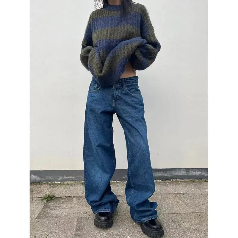 Aiertu Blue Women Jeans High Waist Fashion American Vintage Streetwear Y2K Ripped Wide Leg Jean Female Denim Trouser Baggy Denim Pants