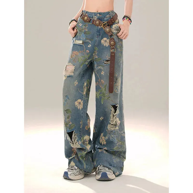 Aiertu Women Y2k Low Rise Graphic Print Ripped Jeans Baggy Harajuku 90s Aesthetic Denim Trousers Vintage 2000s Style Jean Pants