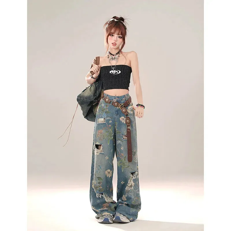 Aiertu Women Y2k Low Rise Graphic Print Ripped Jeans Baggy Harajuku 90s Aesthetic Denim Trousers Vintage 2000s Style Jean Pants