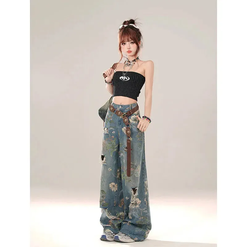 Aiertu Women Y2k Low Rise Graphic Print Ripped Jeans Baggy Harajuku 90s Aesthetic Denim Trousers Vintage 2000s Style Jean Pants