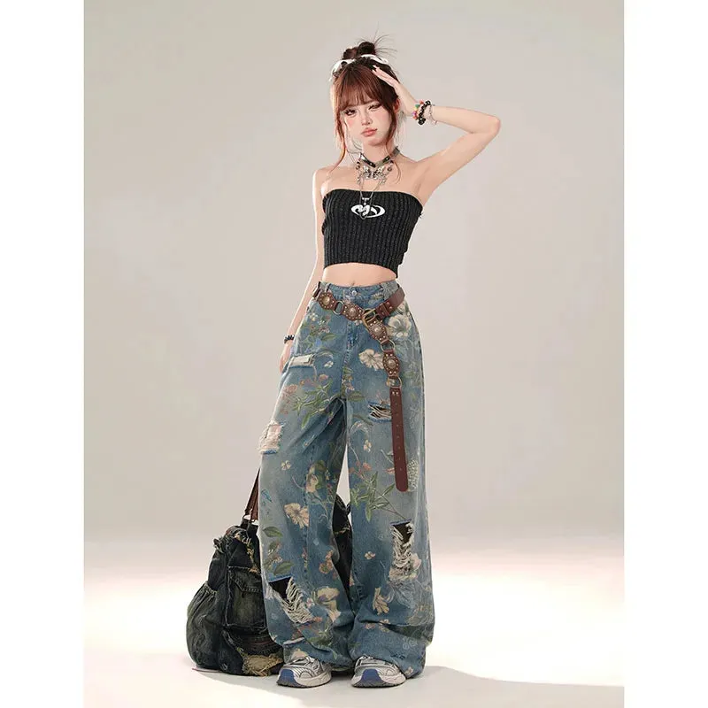 Aiertu Women Y2k Low Rise Graphic Print Ripped Jeans Baggy Harajuku 90s Aesthetic Denim Trousers Vintage 2000s Style Jean Pants