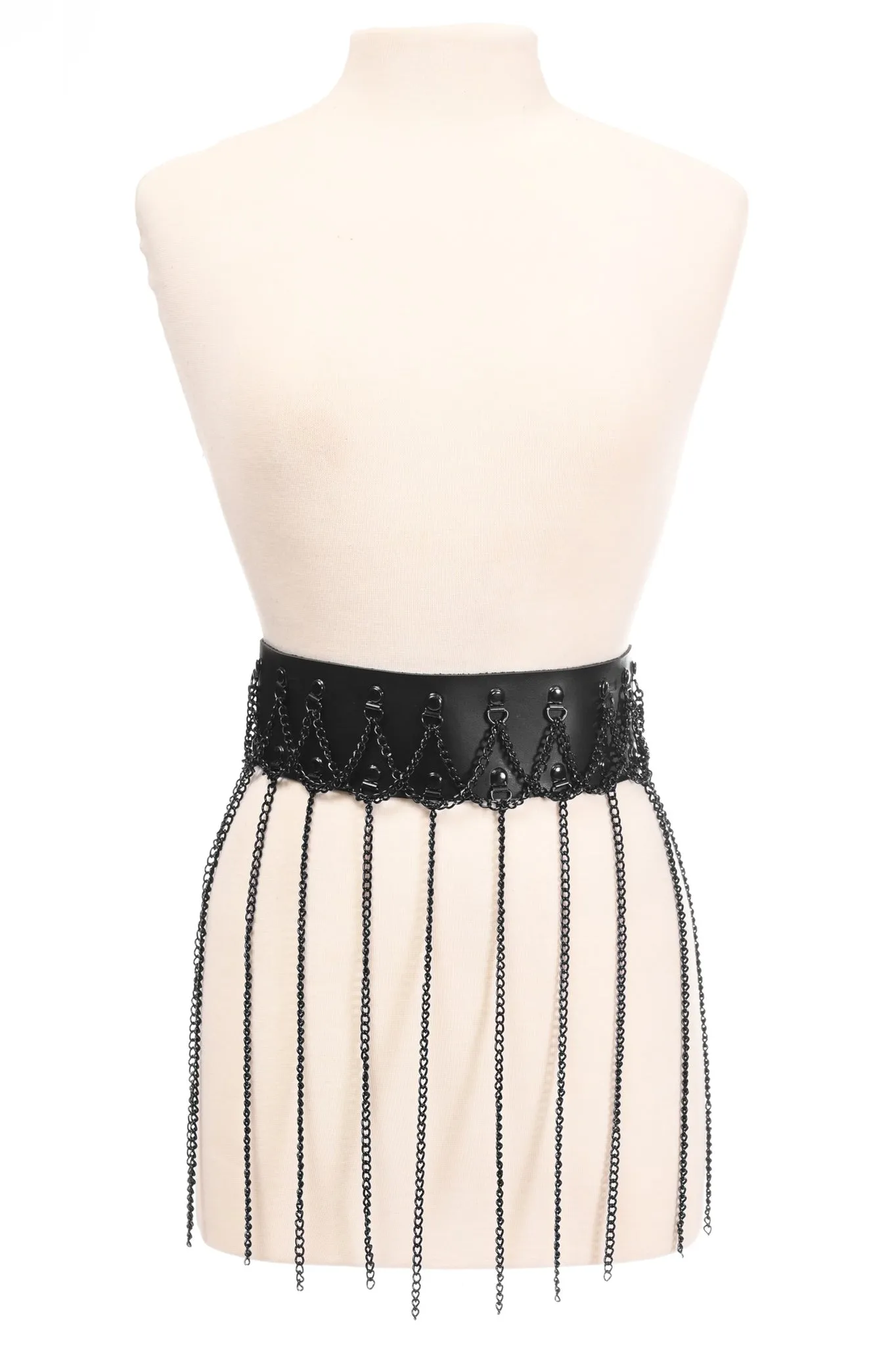 Black Faux Leather & Black Metallic Chain Fringe Skirt