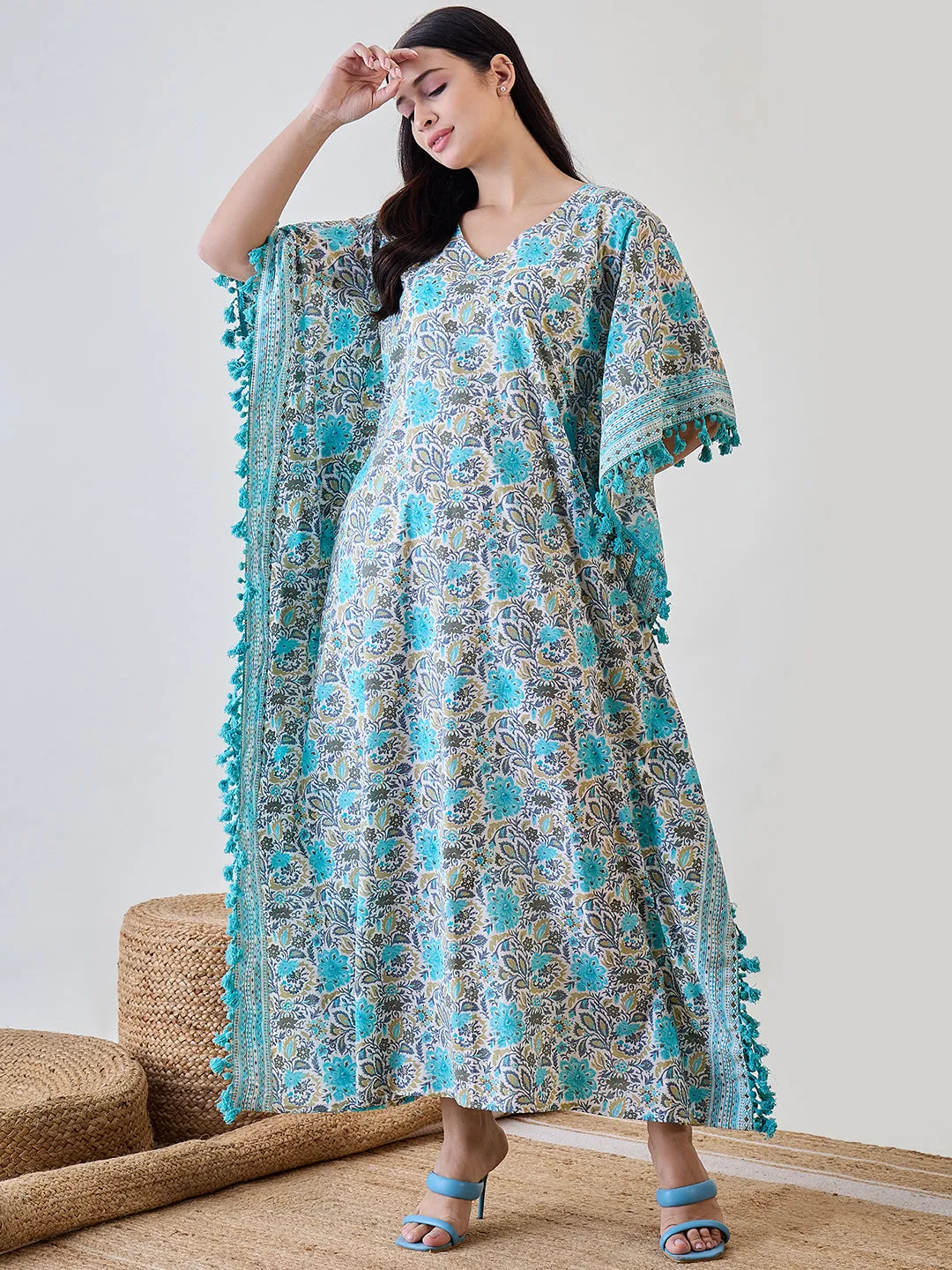 Blue Floral Tassel Lace Embellished Cotton Kaftan Nightdress