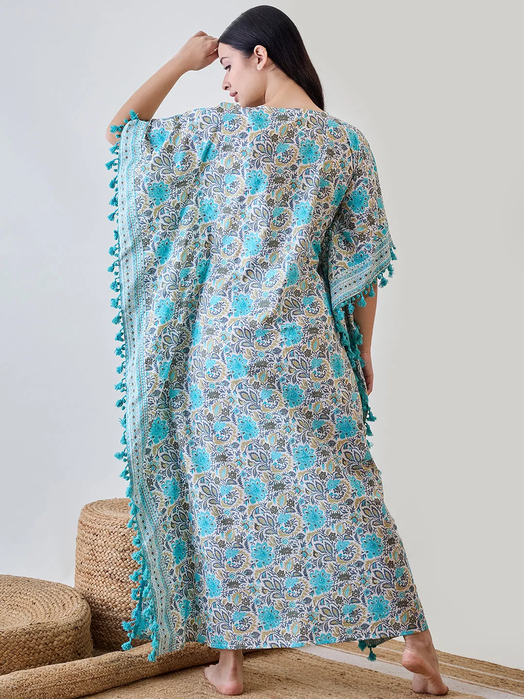 Blue Floral Tassel Lace Embellished Cotton Kaftan Nightdress