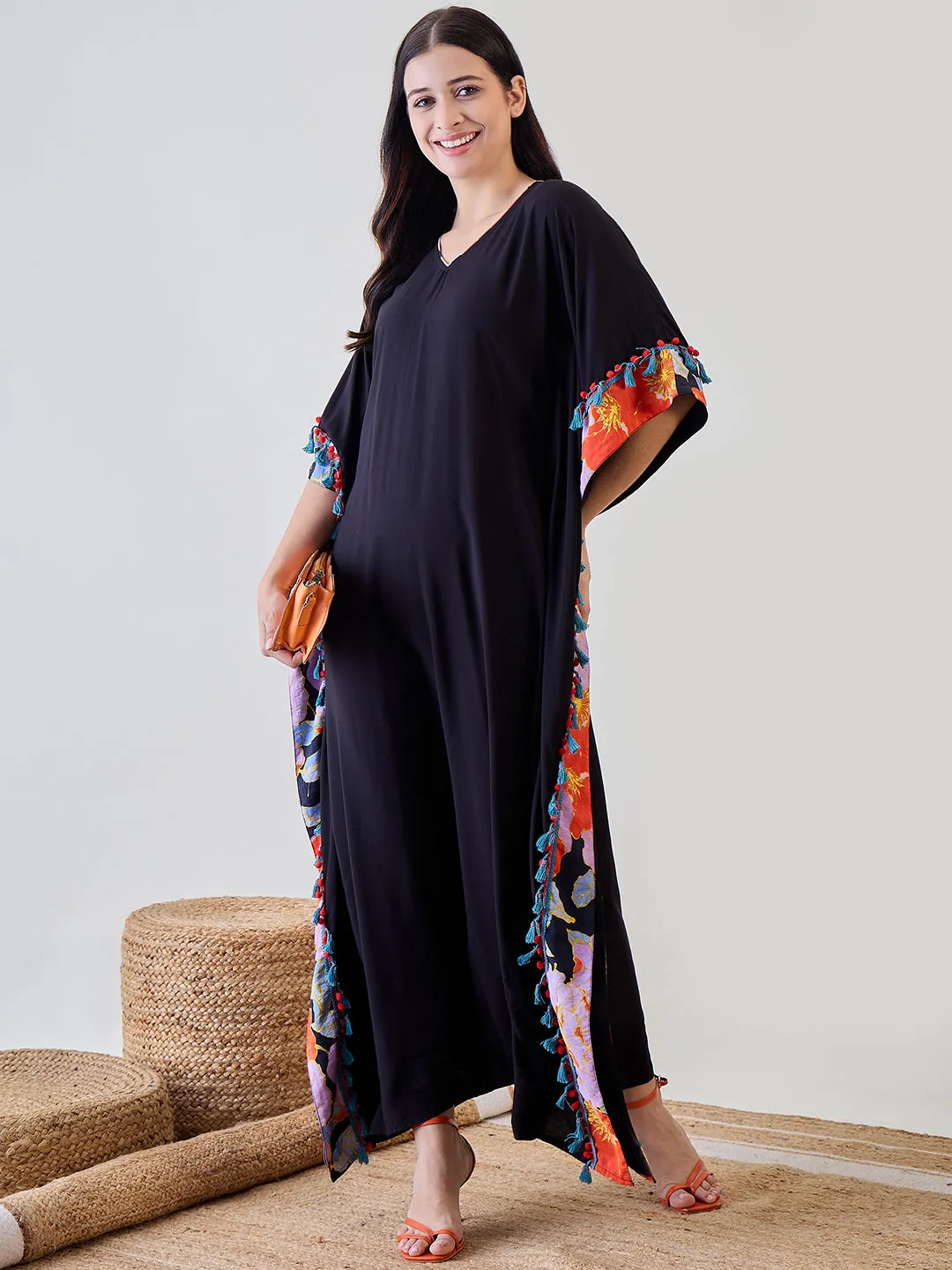 Bright Borderd Black Solid Soft Modal Kaftan Embellished With Pom Pom Lace