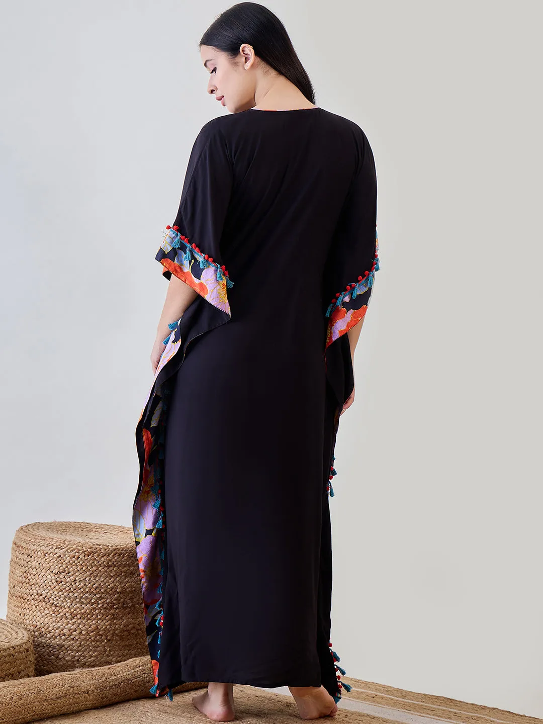 Bright Borderd Black Solid Soft Modal Kaftan Embellished With Pom Pom Lace