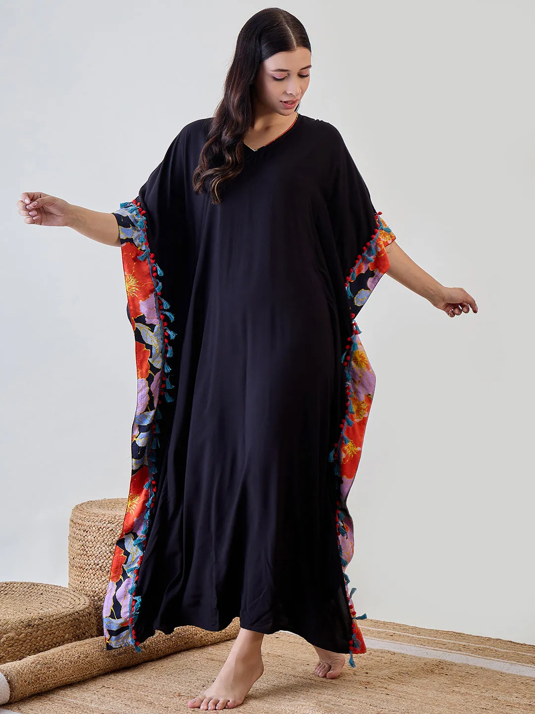 Bright Borderd Black Solid Soft Modal Kaftan Embellished With Pom Pom Lace