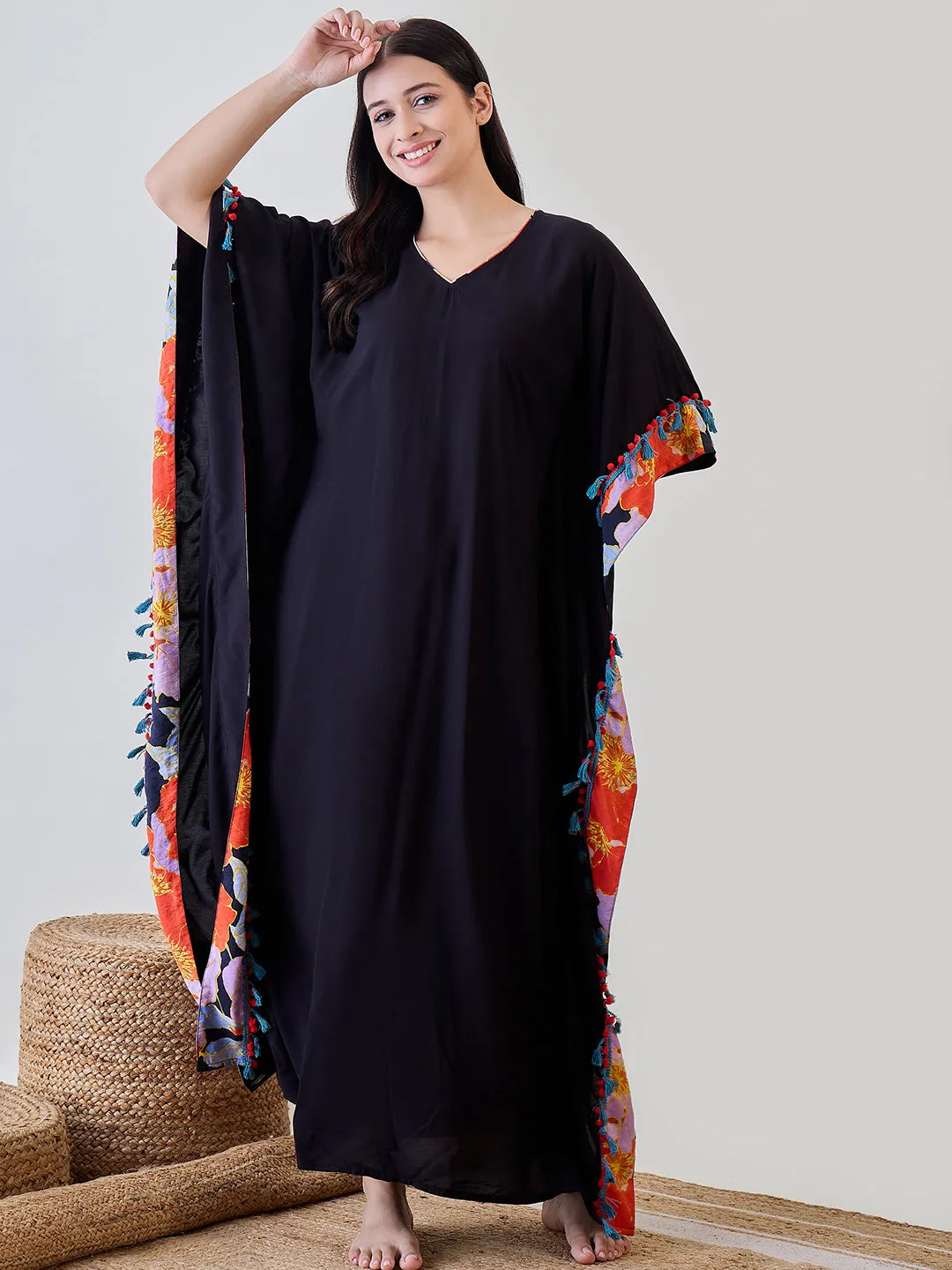 Bright Borderd Black Solid Soft Modal Kaftan Embellished With Pom Pom Lace