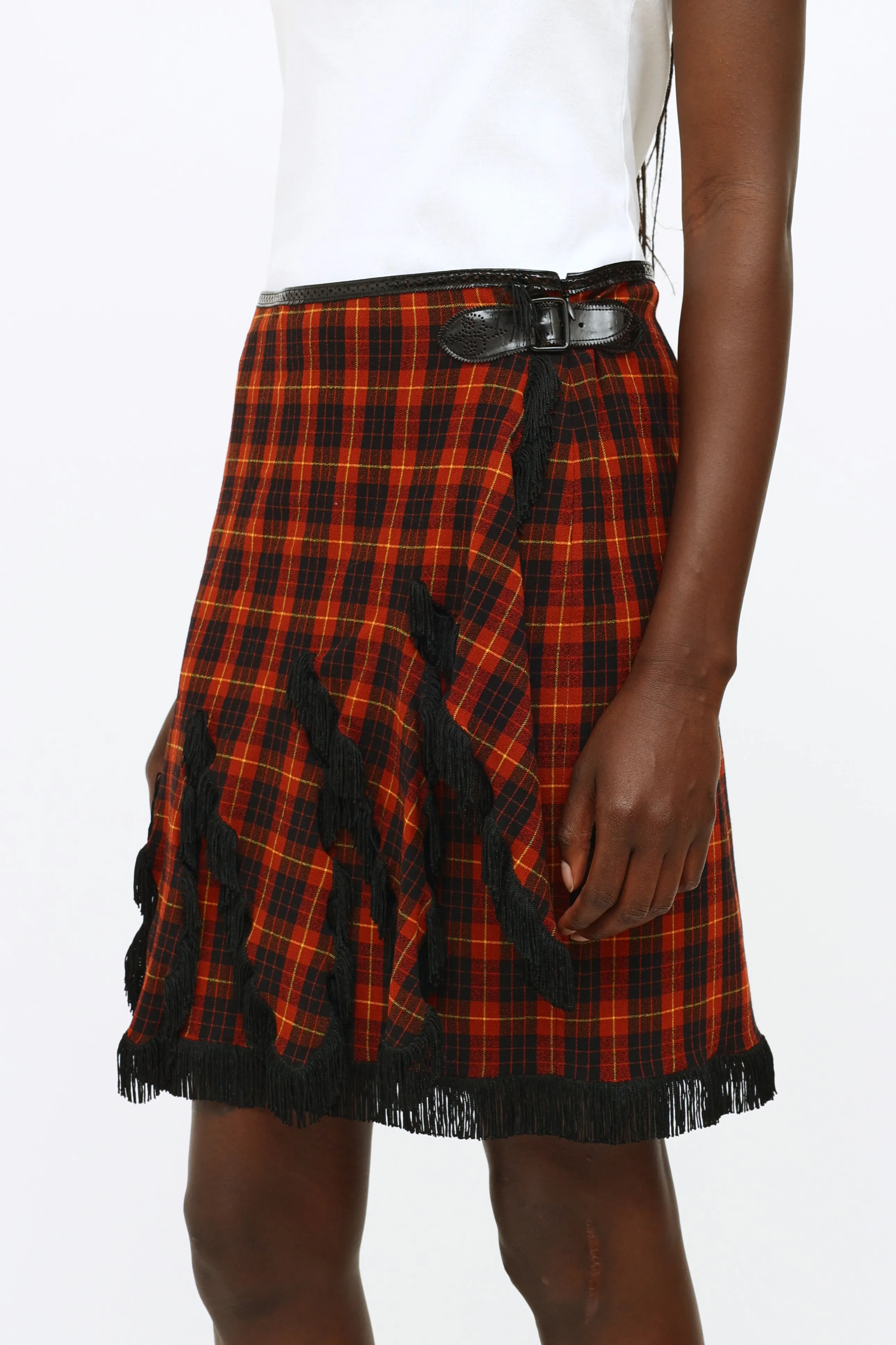 Burgundy & Black Plaid Fringe Skirt