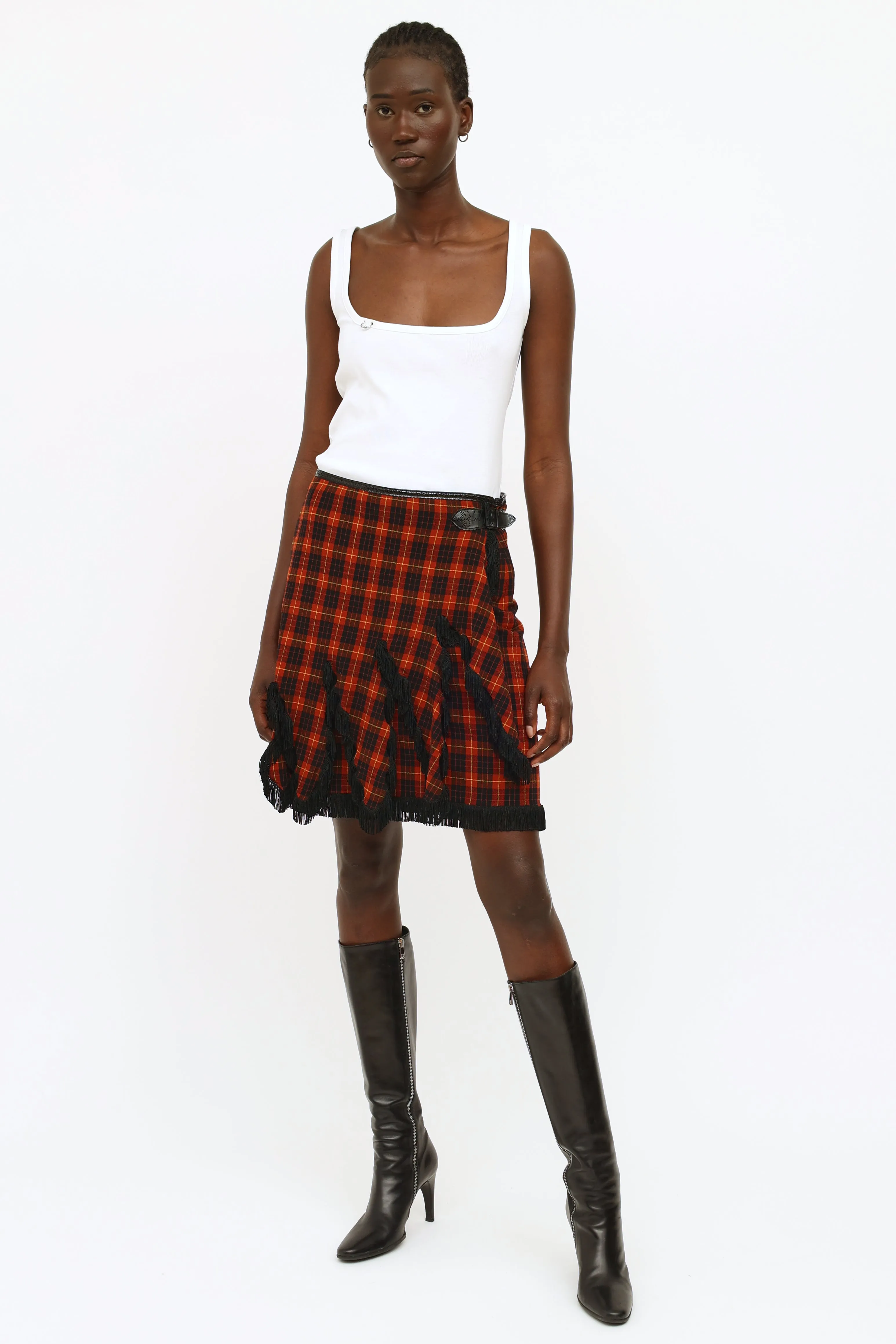 Burgundy & Black Plaid Fringe Skirt