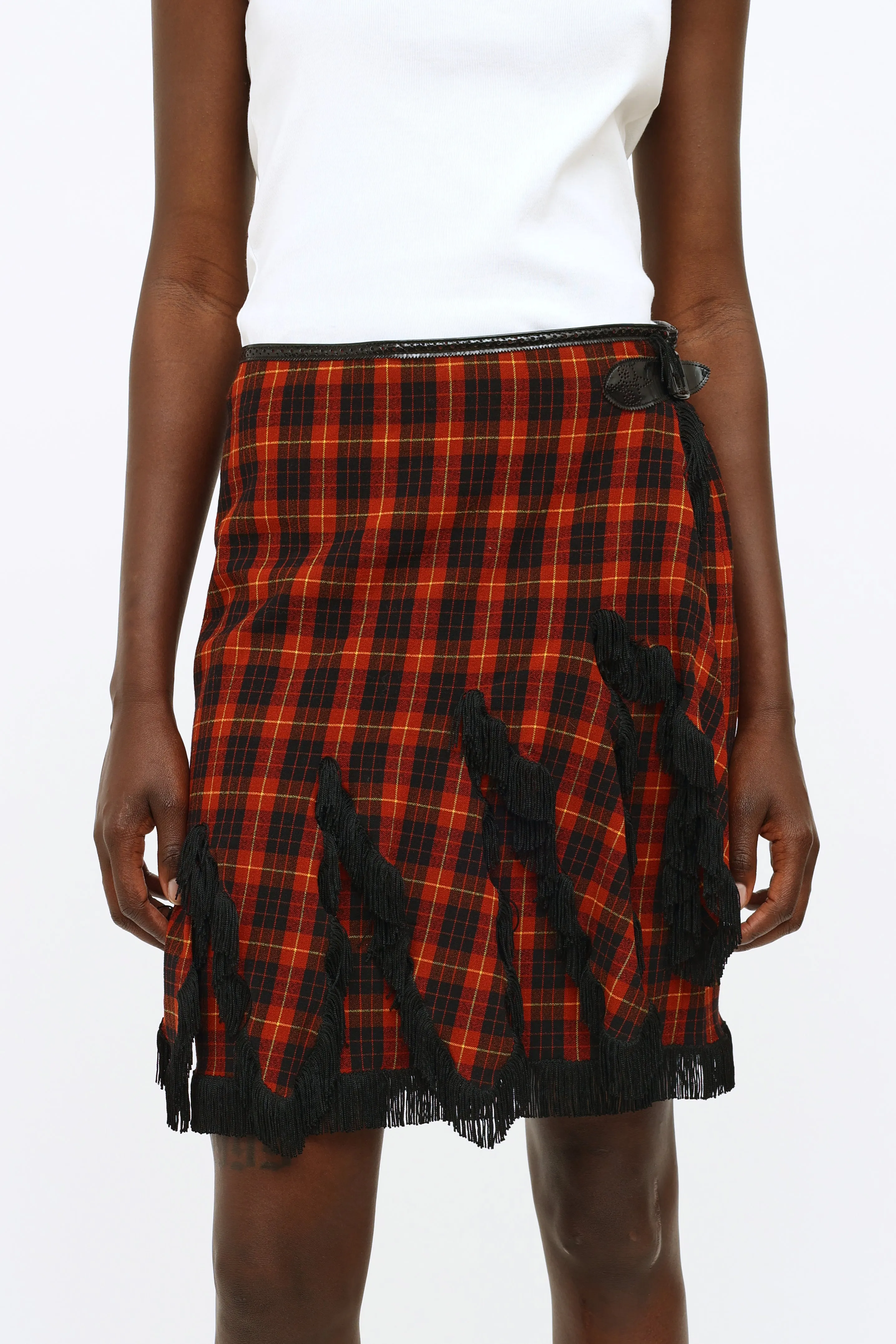 Burgundy & Black Plaid Fringe Skirt