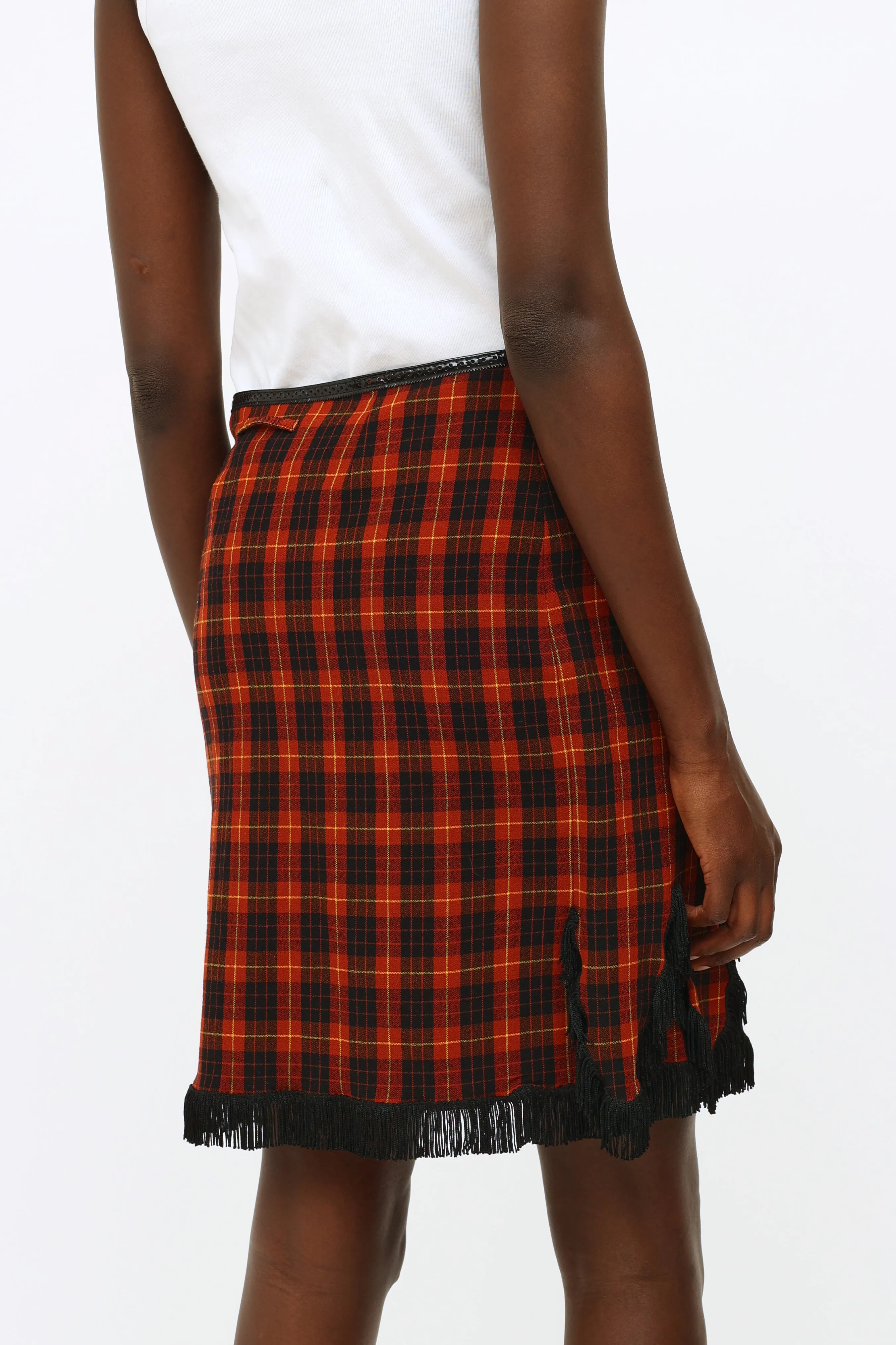 Burgundy & Black Plaid Fringe Skirt