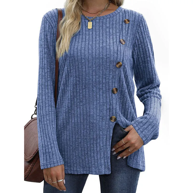 Button Up T-shirt for Women's New Fashion Autumn Casual Solid Color Long Sleeved T-shirt for Women