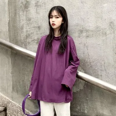 Casual Solid Color Oversized Long Sleeve T-Shirt