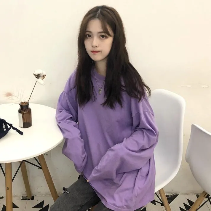 Casual Solid Color Oversized Long Sleeve T-Shirt