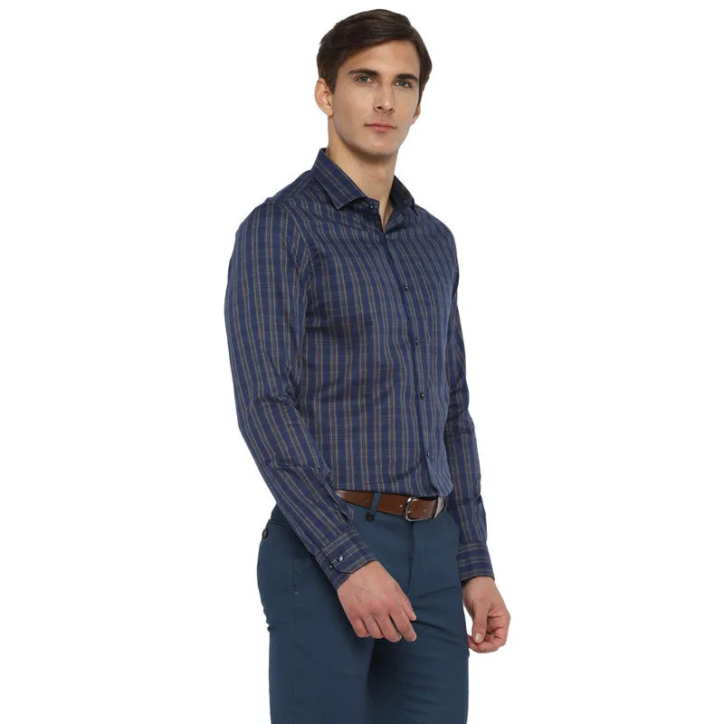 Cotton Dark Blue Checkered Slim Fit Shirts