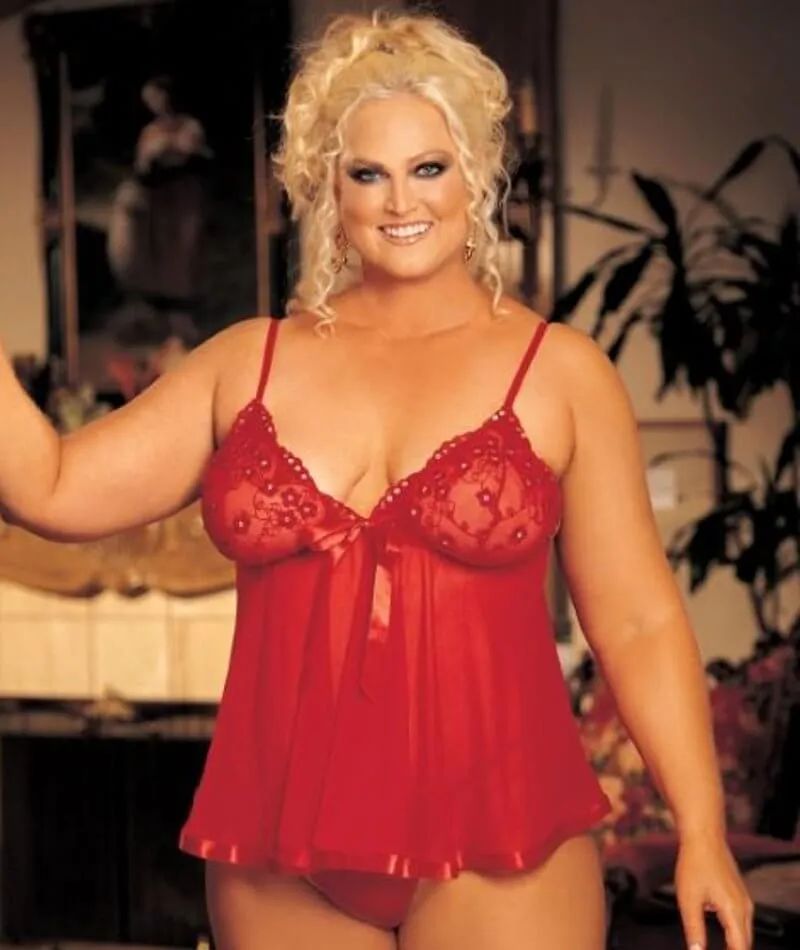 Curvy Mesh & Lace Cup Babydoll Nightdress with G-String - Red