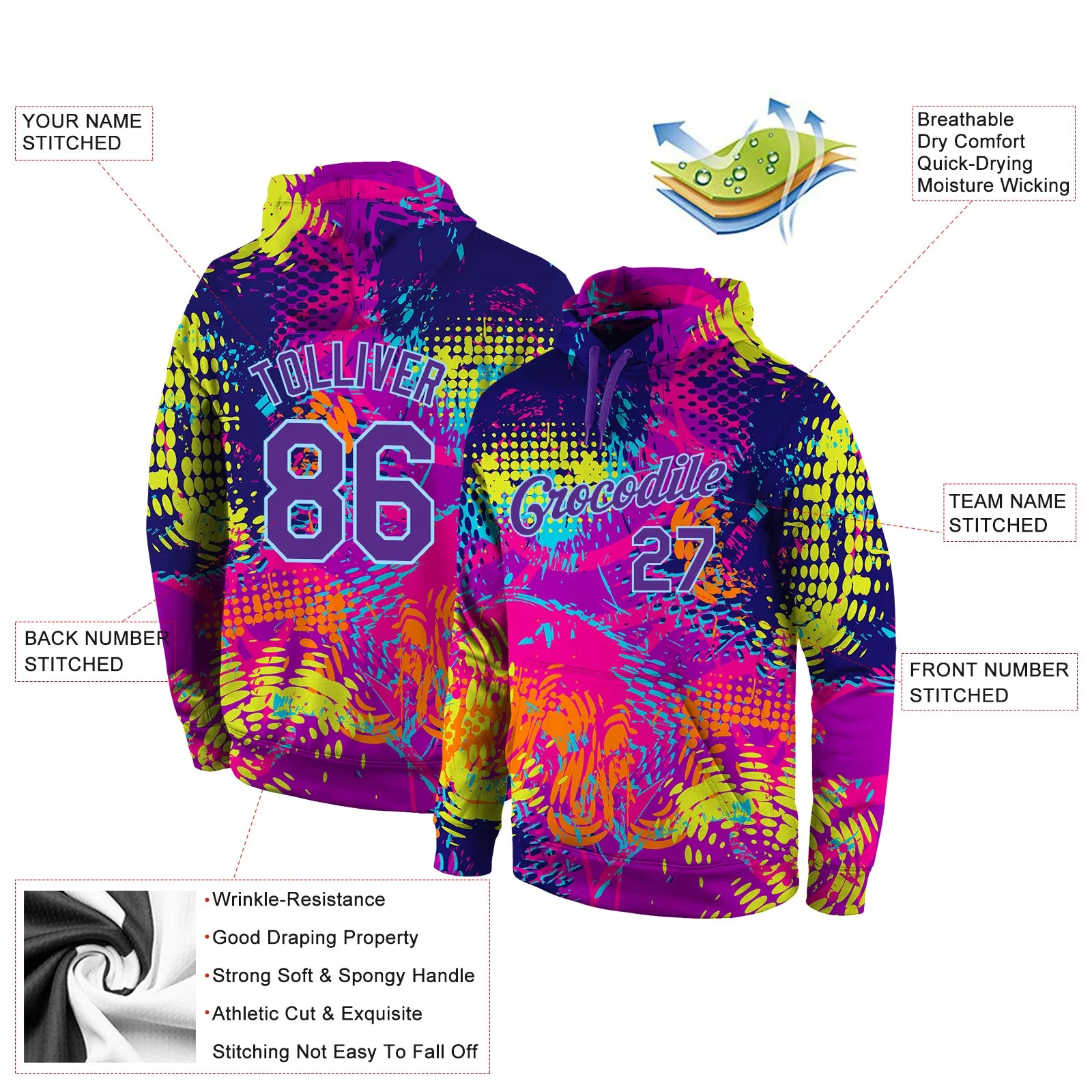 Custom Stitched Graffiti Pattern Purple-Light Blue 3D Sports Pullover Sweatshirt Hoodie