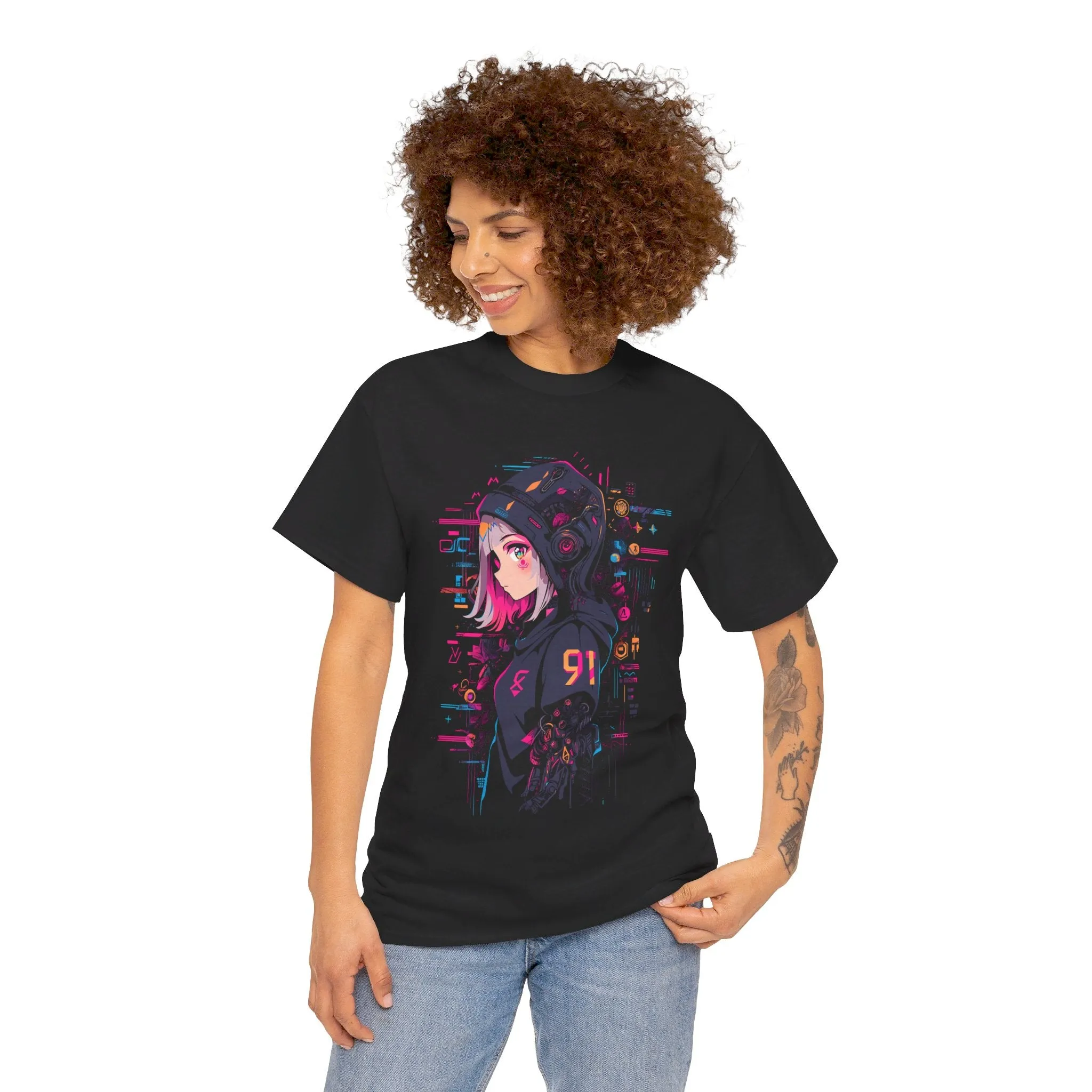 Cyberpunk Anime T-Shirt | Anime Girl mit Hoodie