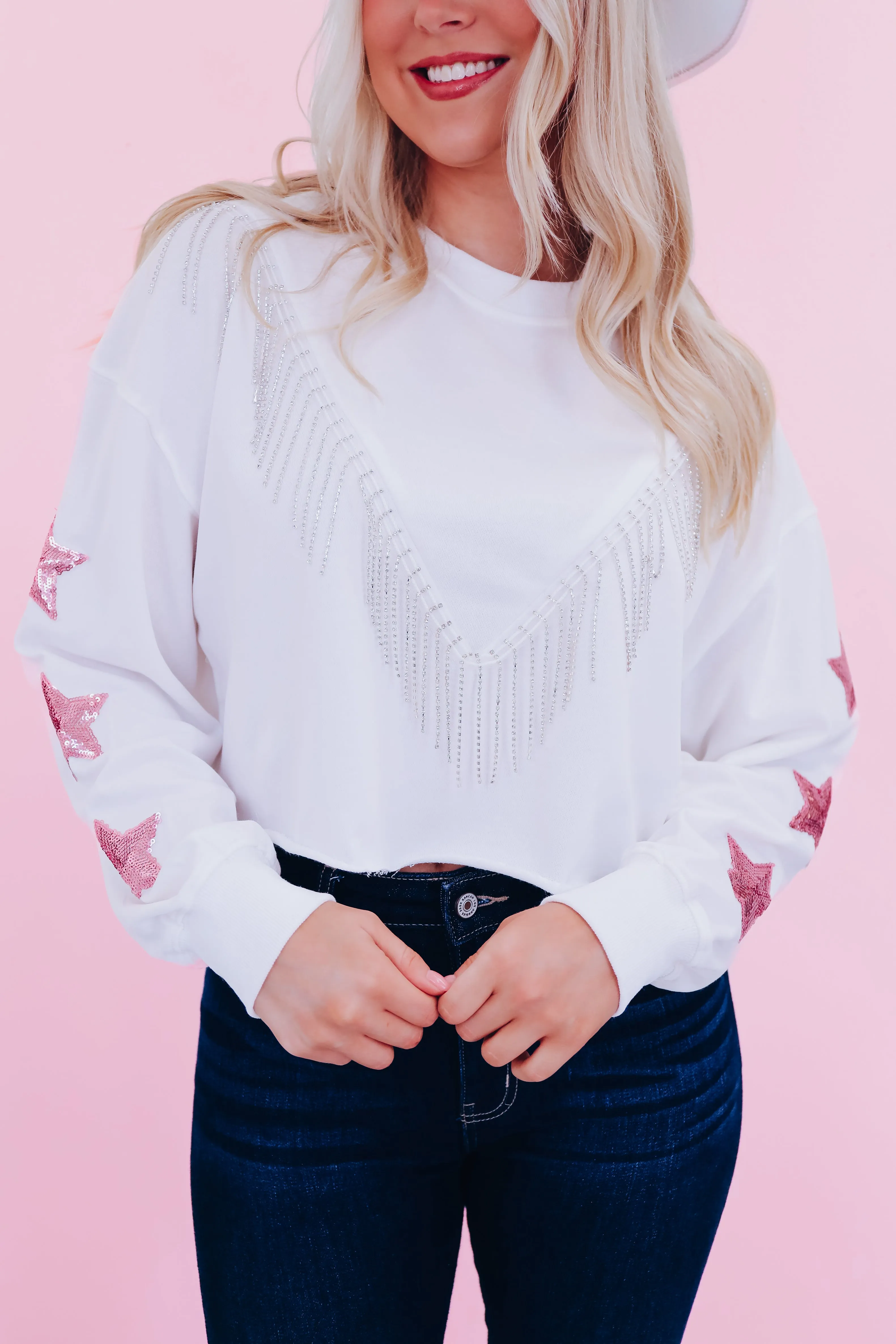 Dazzling Star Fringe Crop Top - White