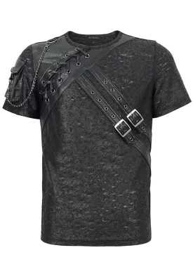 Devil Fashion Gothic Punk Harness T-Shirt - Distressed Black with Faux Leather Straps (Unisex)