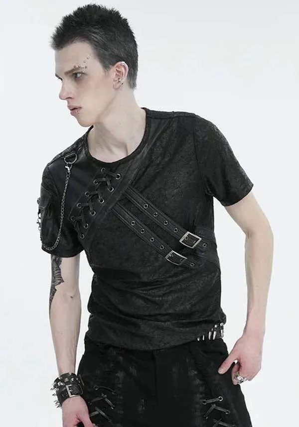 Devil Fashion Gothic Punk Harness T-Shirt - Distressed Black with Faux Leather Straps (Unisex)