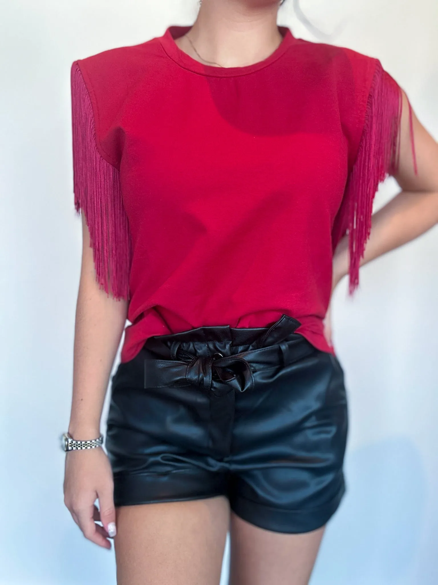 Fringe Detailed Knit Top- Crimson