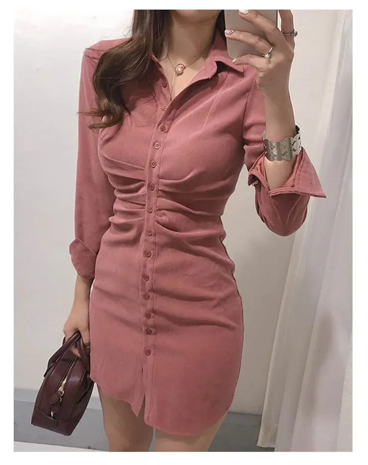 Girlary Mini Slim High Waist Solid Vestido Mujer Shirts Slim OL Retro All-match Temperament Pink Lapel Single Breasted Wrap Hip Dress