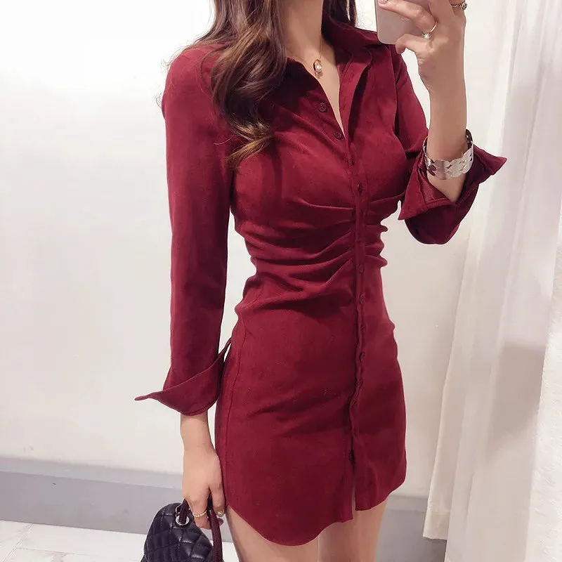 Girlary Mini Slim High Waist Solid Vestido Mujer Shirts Slim OL Retro All-match Temperament Pink Lapel Single Breasted Wrap Hip Dress