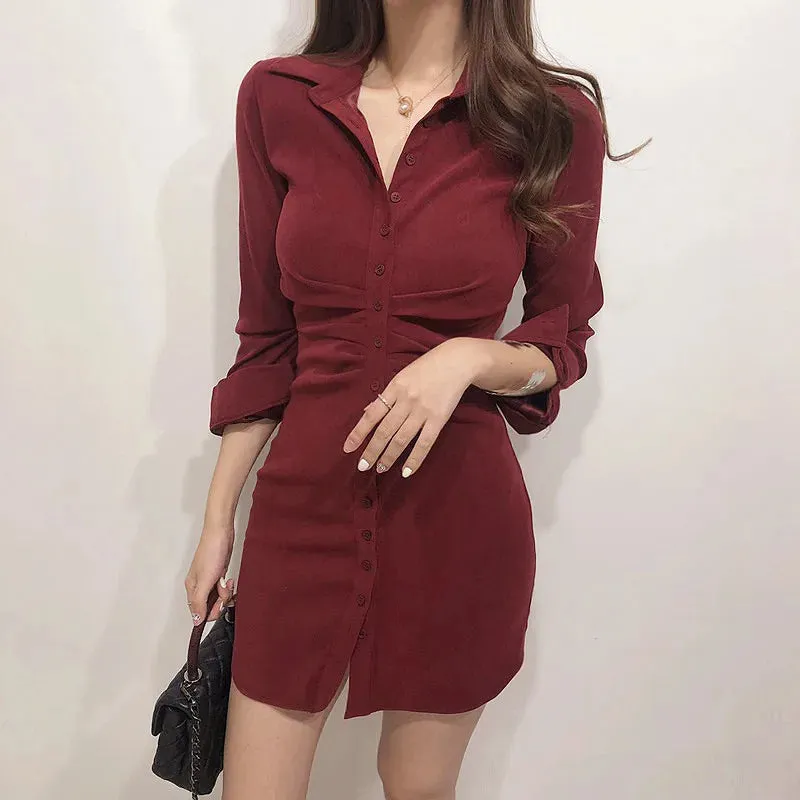 Girlary Mini Slim High Waist Solid Vestido Mujer Shirts Slim OL Retro All-match Temperament Pink Lapel Single Breasted Wrap Hip Dress