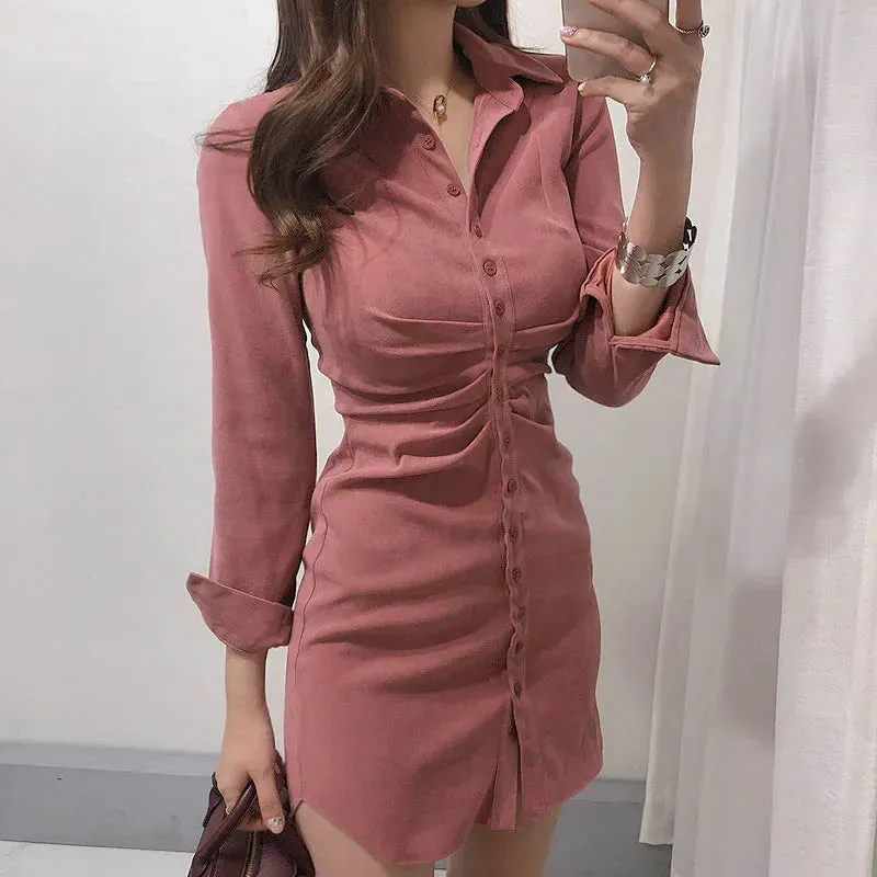 Girlary Mini Slim High Waist Solid Vestido Mujer Shirts Slim OL Retro All-match Temperament Pink Lapel Single Breasted Wrap Hip Dress