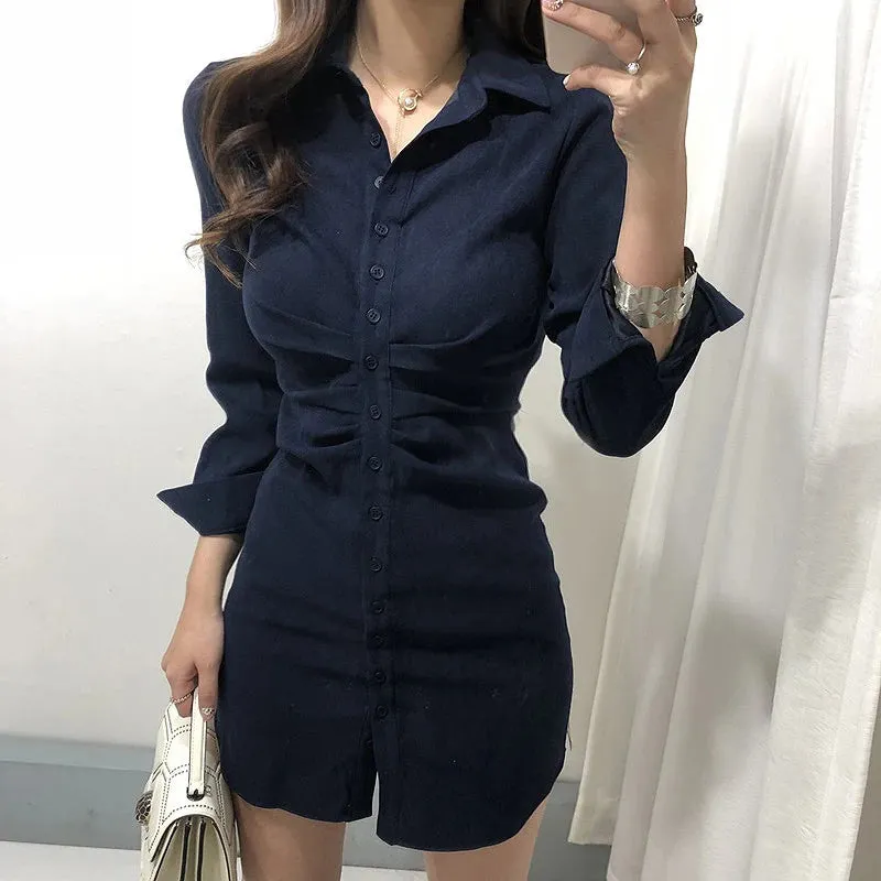 Girlary Mini Slim High Waist Solid Vestido Mujer Shirts Slim OL Retro All-match Temperament Pink Lapel Single Breasted Wrap Hip Dress