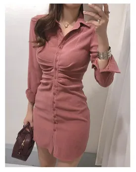 Girlary Mini Slim High Waist Solid Vestido Mujer Shirts Slim OL Retro All-match Temperament Pink Lapel Single Breasted Wrap Hip Dress