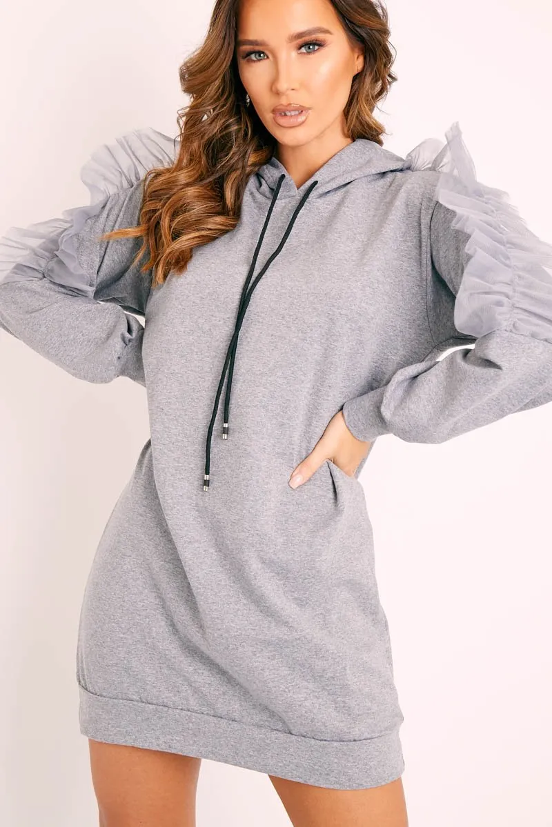 Grey Mesh Frill Sleeve Hoodie Jumper Dress - Carlotta