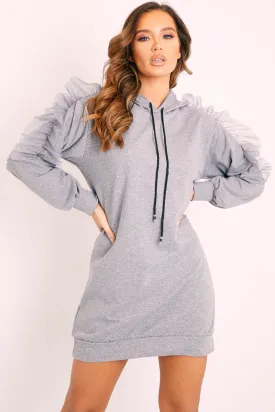 Grey Mesh Frill Sleeve Hoodie Jumper Dress - Carlotta