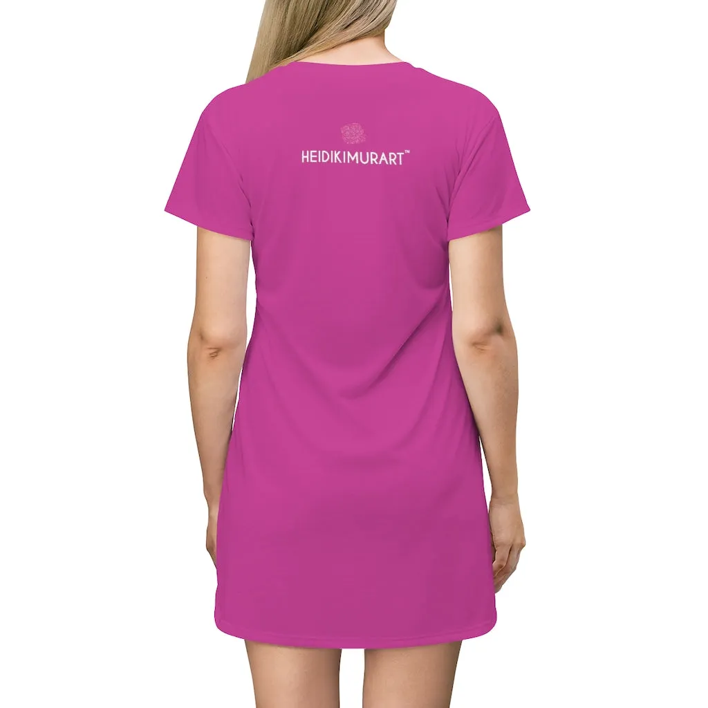 Hot Pink Women's T-Shirt Dress, Solid Color Crewneck Long Tee Shirt Dress For Women - Made in USA