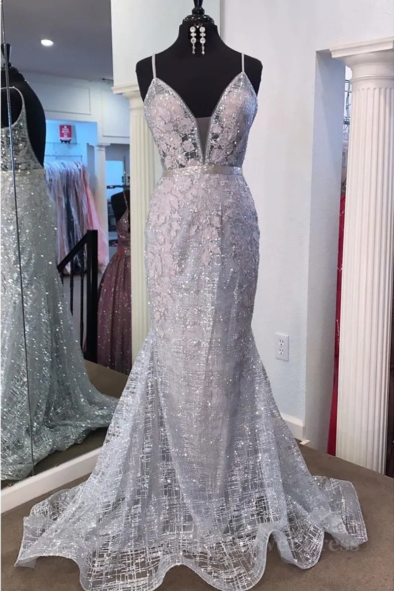 kamahe Gorgeous V Neck Mermaid Backless Silver Gray Prom Dress, Mermaid Silver Gray Formal Dress, Backless Silver Gray Evening Dress