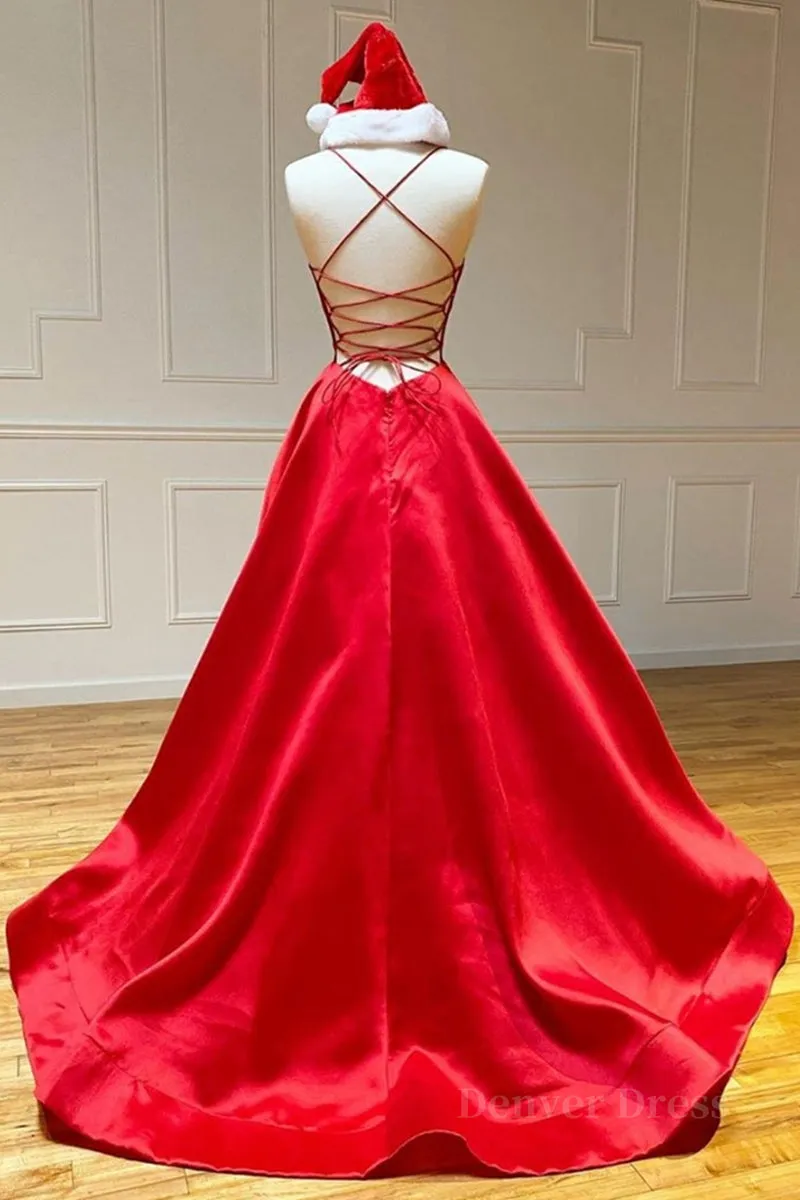 kamahe Simple A Line V Neck Backless Red Long Prom Dress, Backless Red Fromal Dress, Red Evening Dress