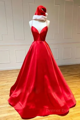 kamahe Simple A Line V Neck Backless Red Long Prom Dress, Backless Red Fromal Dress, Red Evening Dress