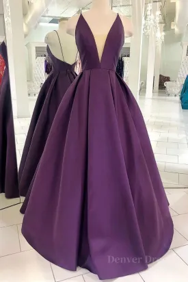 kamahe V Neck Backless Purple Satin Long Prom Dress, Backless Purple Formal Dress, Purple Evening Dress