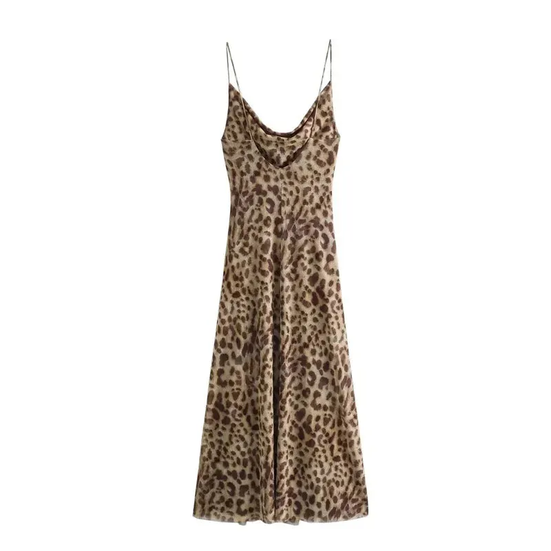 Leopard Print Long Dress Women Tulle Backless Slip Dress Woman Summer Sexy Holiday Dresses 2024 Vintage Midi Party Dresses